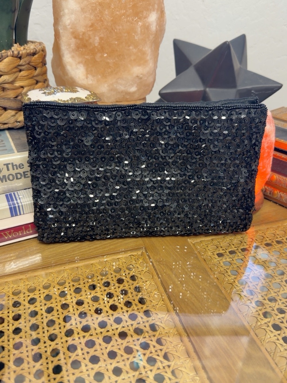Vintage Walborg Black Sequin Foldover Evening Clutch Hong Kong